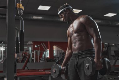 Afrika kökenli Amerikalı atletizm sporcusu beden eğitiminde halterli kasları çalıştırıyor. Kuvvet egzersizi