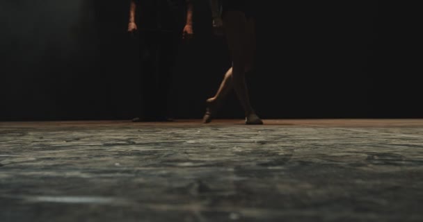 Coppia di ballerini danzanti, primo piano di graziose gambe da ballerina sul palco teatrale. Prestazioni moderne — Video Stock