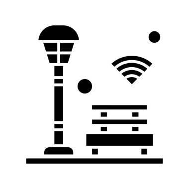 Beyaz arkaplanda kablosuz kablosuz tabelalı çizgi film tarzında Vektör Bench Simgesi. nesnelerin interneti