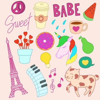 Sevimli karalamalar, kız teması, el çizimi, tek boynuzlu at, sanat