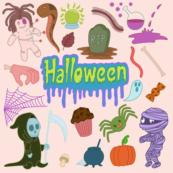 Sada Roztomilých Halloween Čmáranice Ručně Kreslené Čáry Umění — Stockový vektor