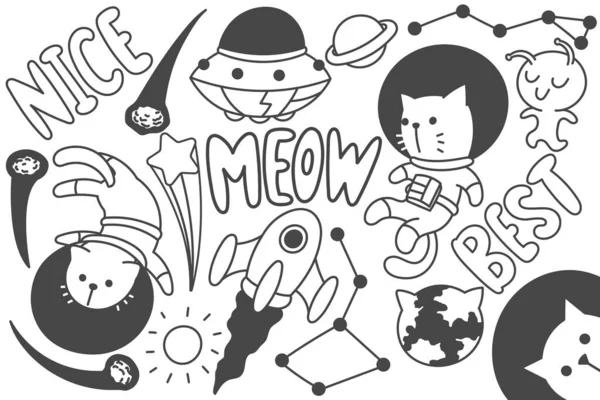 Fantasy Cat Astronaut Scarabocchi Carino Infantile Disegnato Mano Stampa Arte — Vettoriale Stock