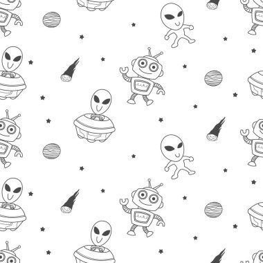Tatlı uzaylılar ve robotlar, çocuklar için kusursuz desenler, karikatür, duvar kağıdı, baskı, sanat