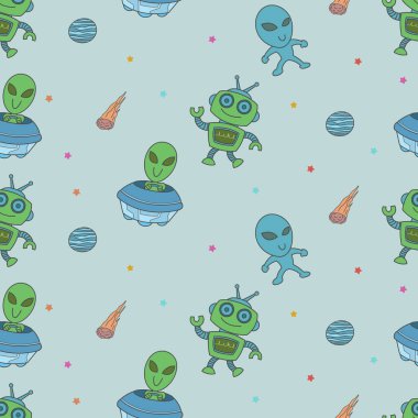 Tatlı uzaylılar ve robotlar, çocuklar için kusursuz desenler, karikatür, duvar kağıdı, baskı, sanat