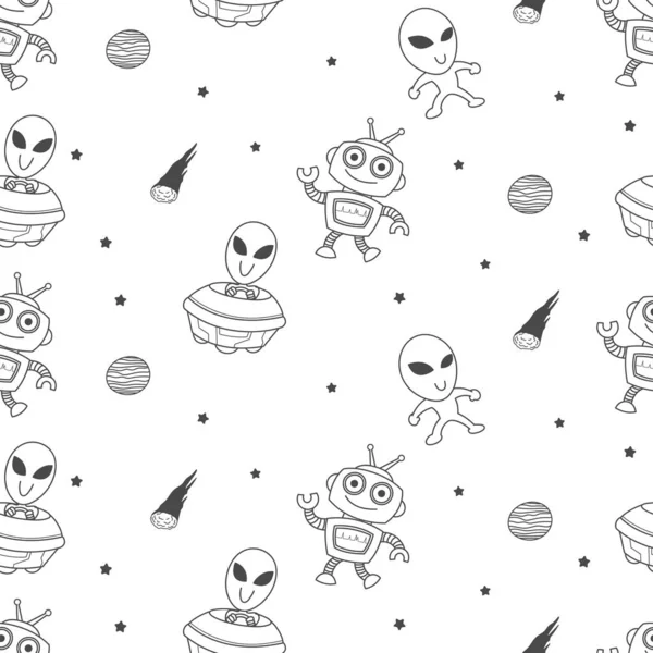 Tatlı uzaylılar ve robotlar, çocuklar için kusursuz desenler, karikatür, duvar kağıdı, baskı, sanat