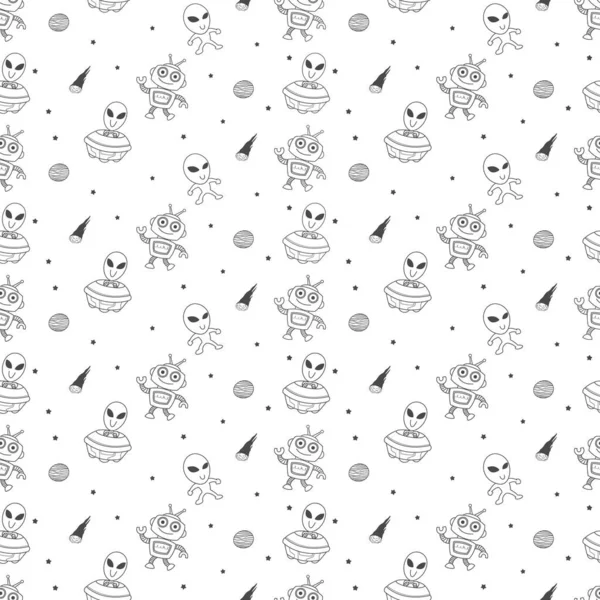 Tatlı uzaylılar ve robotlar, çocuklar için kusursuz desenler, karikatür, duvar kağıdı, baskı, sanat