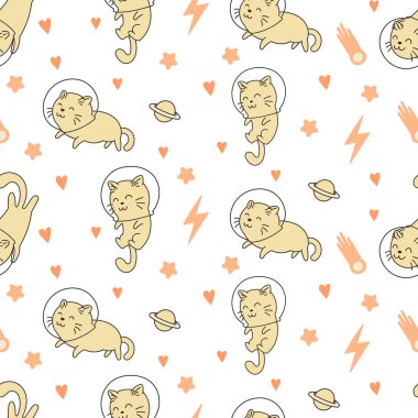 Şirin kedi astronot duvar kağıdı, pürüzsüz desen, el çizimi, çizimler, baskı, sanat