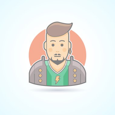 Rocker, punk, müzik fani ikonu. Avatar ve kişi illüstrasyon. Düz renkli ana hatlu stil.