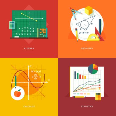 Cebir, geometri, kalkülüs, istatistik için düz tasarım illüstrasyon kavramları kümesi. Eğitim ve bilgi fikirleri. Matematik bilimi. Web banner ve promosyon malzemesi için kavramlar.