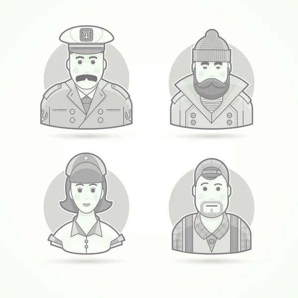 Schip kapitein, visser, verpleegkundige en video operator iconen. Personage, avatar en persoon illustraties. Platte zwart-wit omlijnde stijl. — Stockvector