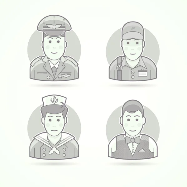 Pilot, delivery man, shipboy, waiter icons. Character, avatar and person illustrations. Flat black and white outlined style. — Stock Vector