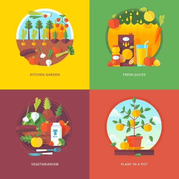 Set van platte ontwerp illustratie concepten voor keuken tuin, verse sappen, vegetarisme en plant in een pot. Groente-en fruitteelt. Concepten voor webbanner en promotiemateriaal. — Stockvector