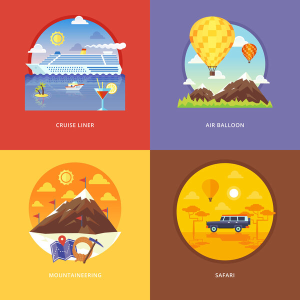 Set of flat design illustration concepts for cruise liner, air balloon, mountaineering, African safari. Recreation, holiday trip, tourism, traveling. Concepts for web banner and promotional material.