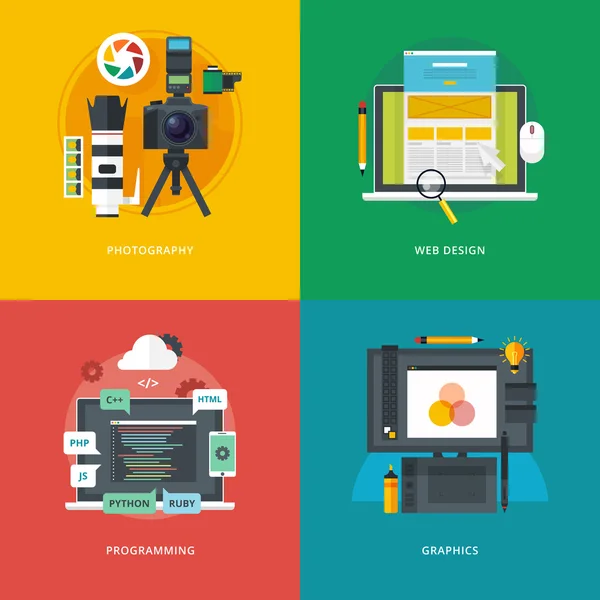 Set van platte ontwerp illustratie concepten voor fotografie, webdesign, programmering, graphics. Onderwijs-en kennis ideeën. Informatieve technologieën en digitale kunst. — Stockvector