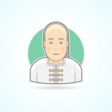 Geleneksel yakın ikon Çinli adam. Avatar ve kişi illüstrasyon. Düz renkli ana hatlu stil.