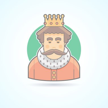 Kral bir taç, kraliyet kişi simgesi. Avatar ve kişi illüstrasyon. Düz renkli ana hatlu stil.