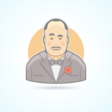 İtalyan mafya, suç lideri, Don Corleone ikonu. Avatar ve kişi illüstrasyon. Düz renkli ana hatlu stil.