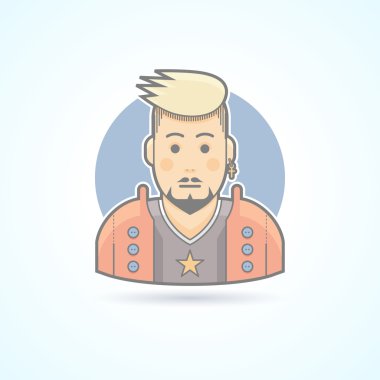 Rock müzik hayranı, şık adam simgesi. Avatar ve kişi illüstrasyon. Düz renkli ana hatlu stil.