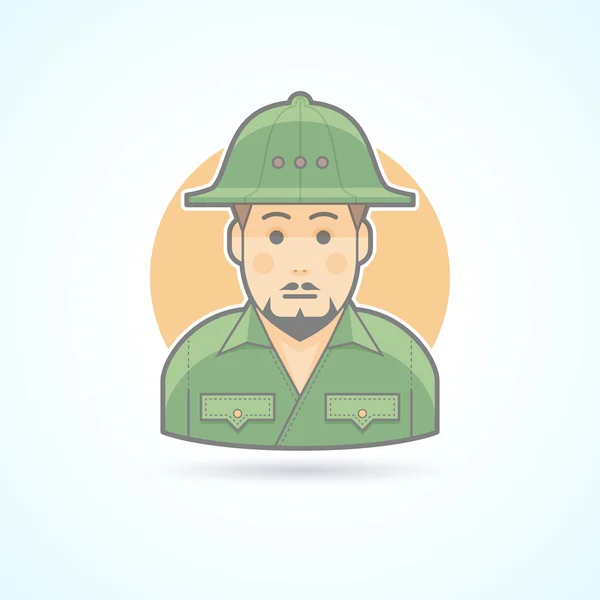 Explorador africano, icono del hombre safari. Ilustración de avatar y persona. Plano de color delineado estilo . — Vector de stock