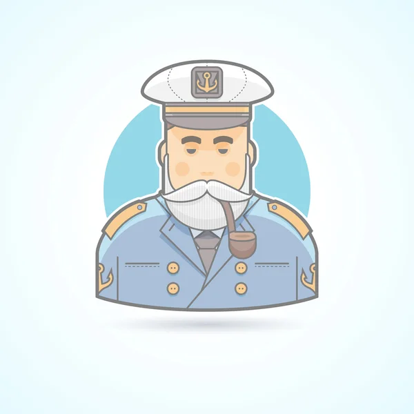 Marinaio, capitano di nave, ufficiale di bandiera, cane di mare, uomo in uniforme con l'icona della pipa fumante. Avatar e illustrazione della persona. Stile piatto colorato delineato . — Vettoriale Stock