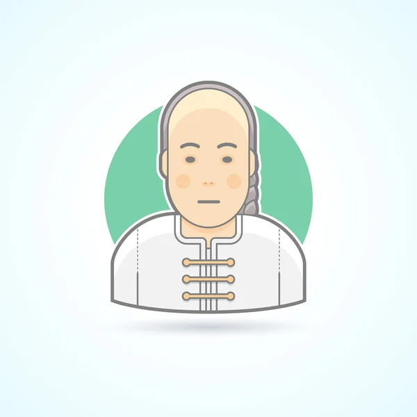 Uomo cinese in tradizionale icona stretta. Avatar e illustrazione della persona. Stile piatto colorato delineato . — Vettoriale Stock