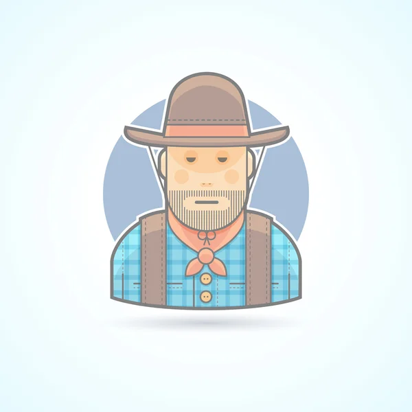 Cowboy con cappello e giacca, icona americana dell'aiuto animale. Avatar e illustrazione della persona. Stile piatto colorato delineato . — Vettoriale Stock