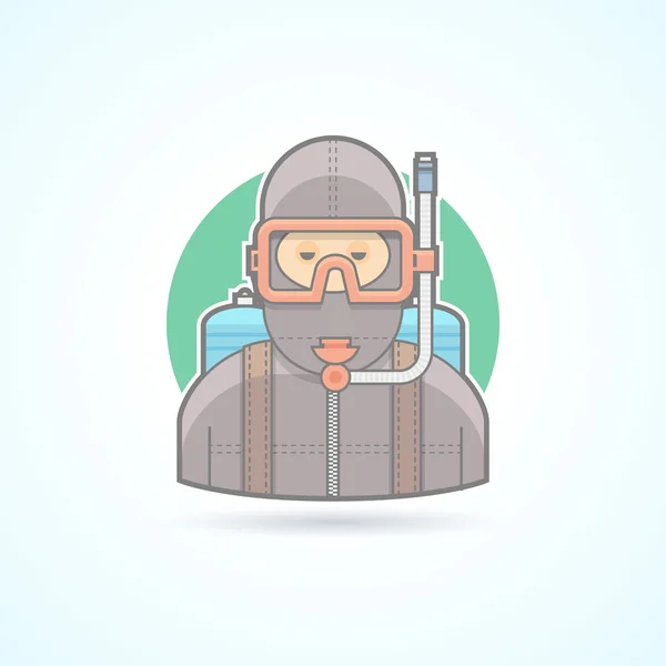 Buceador, buceador con icono de aqualung. Ilustración de avatar y persona. Plano de color delineado estilo . — Vector de stock