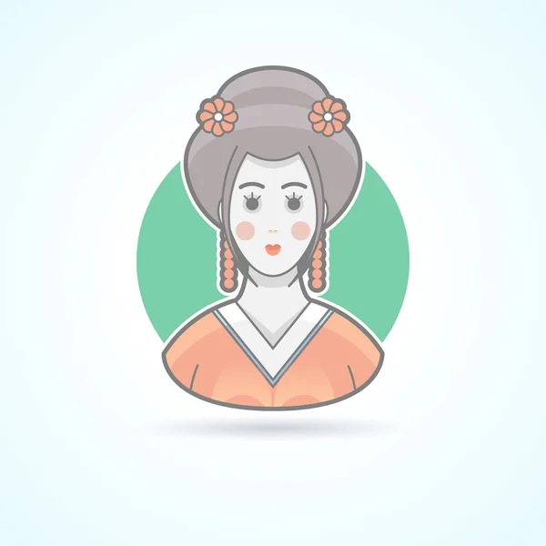 Geisha, japanese traditional woman dress, kimono girl icon. Avatar and person illustration. Flat colored outlined style. — Stock Vector