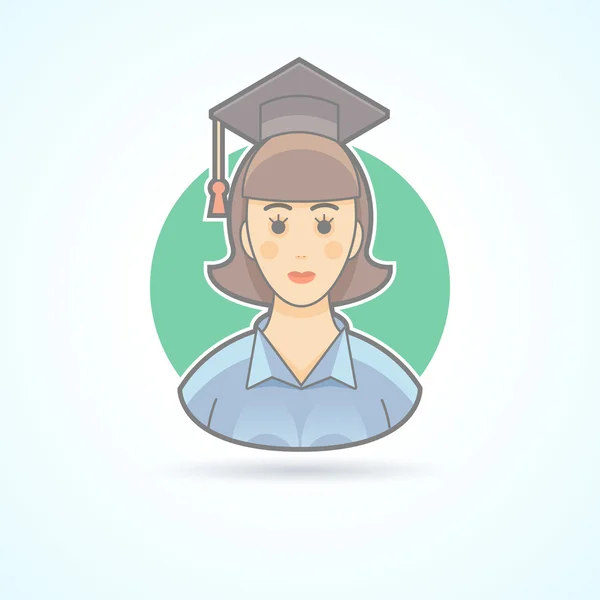 Αποφοίτησε κορίτσι, γυναίκα σε ένα ακαδημαϊκό καπάκι. Εικόνα avatar και προσώπου. Επίπεδη χρωματισμένη στυλ με περίγραμμα. — Διανυσματικό Αρχείο
