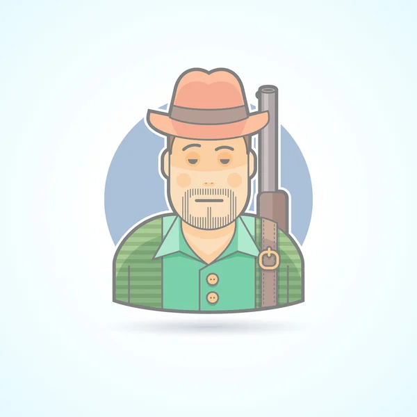 Huntsman with a gun, hunting man icon. Avatar and person illustration. Flat colored outlined style. — Stock Vector