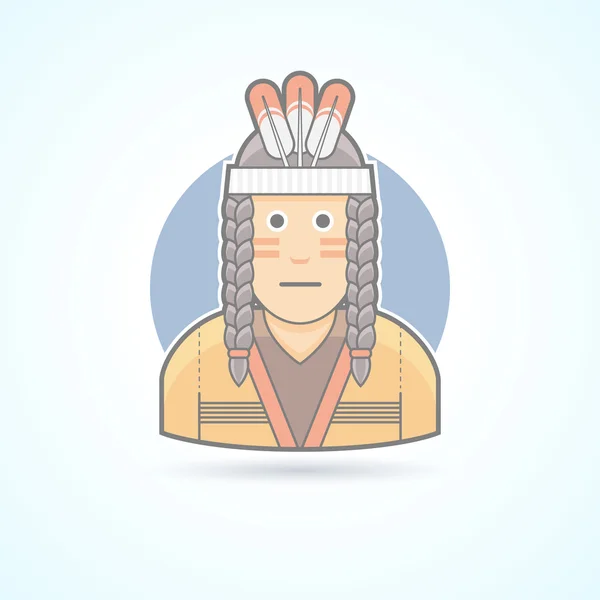 Ikona červeného indiánka tradičního hadříku s perem. Avatar a osoba ilustrace. Plochý barevný styl obrysy. — Stockový vektor