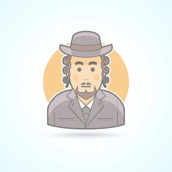 Native, orthodox Jewish man icon. Avatar and person illustration. Flat colored outlined style. — Stock Vector