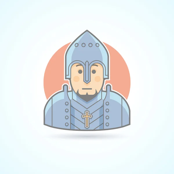 Caballero con armadura, icono guerrero de mediana edad. Ilustración de avatar y persona. Plano de color delineado estilo . — Archivo Imágenes Vectoriales