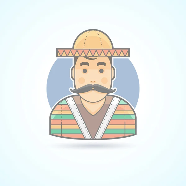Mexicaanse man in traditionele kleding, native Mexico burger icoon. Avatar en persoon illustratie. Platte gekleurde omlijnde stijl. — Stockvector