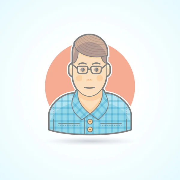 Nerd, studente, hipster, icona del ragazzo intelligente. Avatar e illustrazione della persona. Stile piatto colorato delineato . — Vettoriale Stock