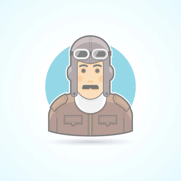 Hombre piloto vintage, icono de ejemplo de traje de aviador. Ilustración de avatar y persona. Plano de color delineado estilo . — Vector de stock