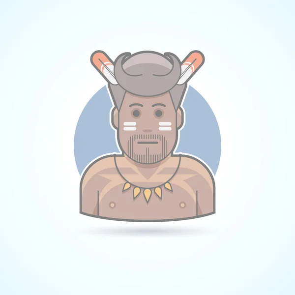 Hombre africano tradicional, papuano, icono del hombre salvaje. Ilustración de avatar y persona. Plano de color delineado estilo . — Vector de stock