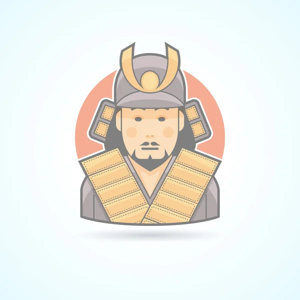 Samurai, ikon prajurit Jepang. Avatar dan ilustrasi orang. Gaya garis luar berwarna rata . - Stok Vektor