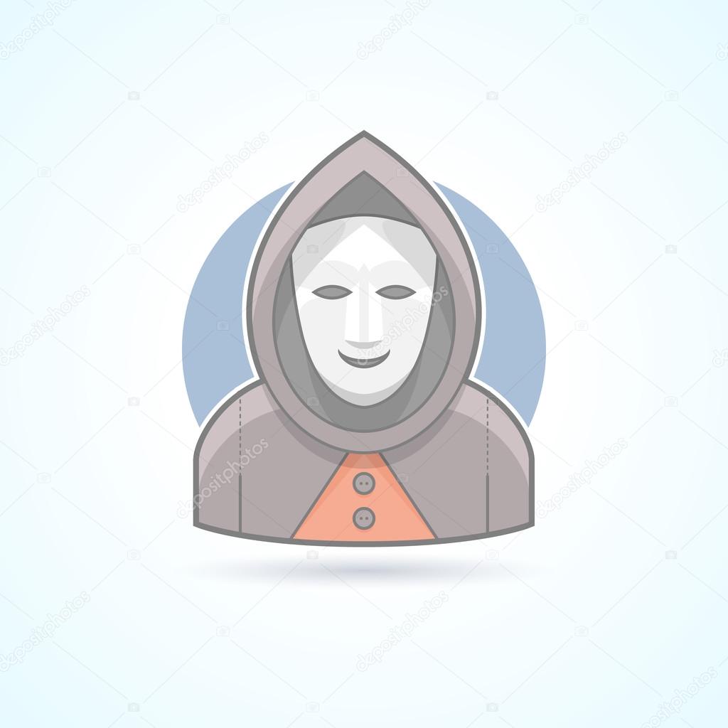 Anonym, stranger, maskman, mysterious man icon. Avatar and person illustration. Flat colored outlined style.