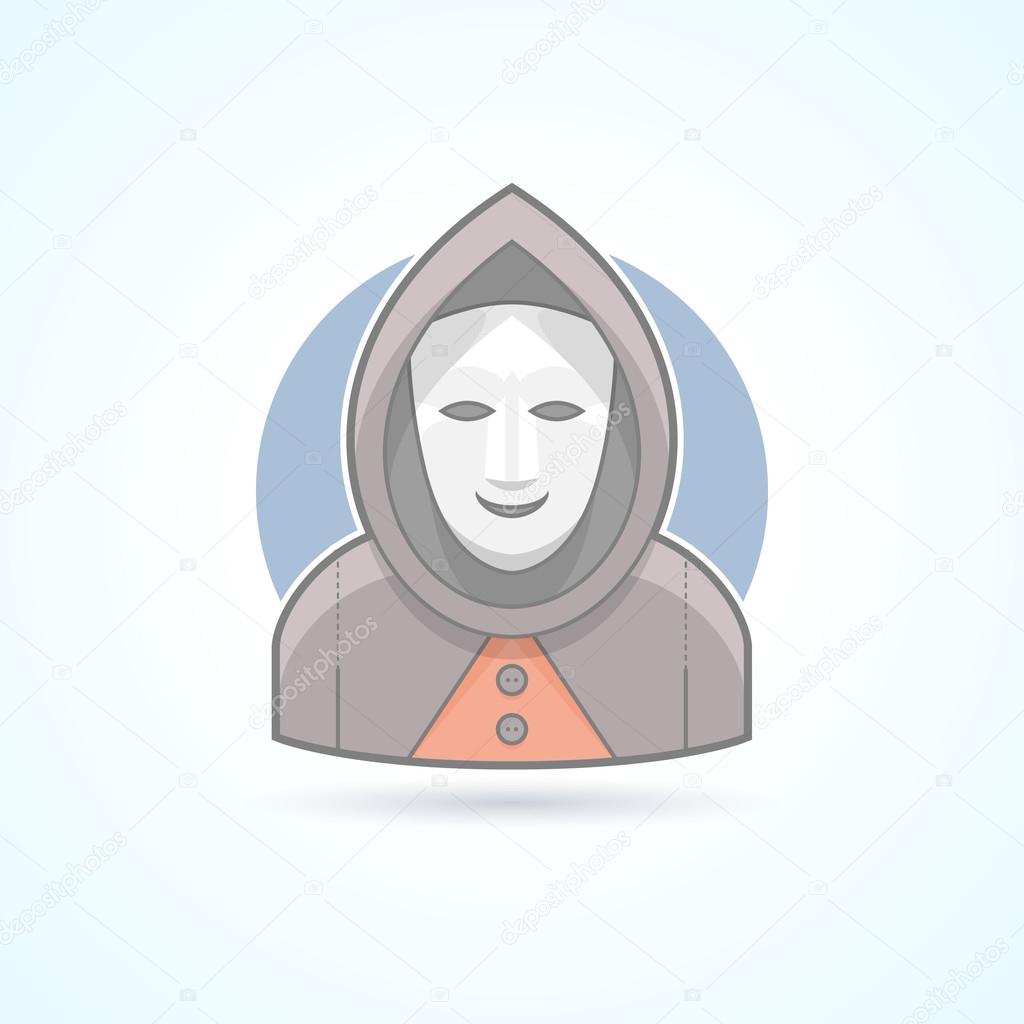 Anonym, stranger, maskman, mysterious man icon. Avatar and person illustration. Flat colored outlined style.