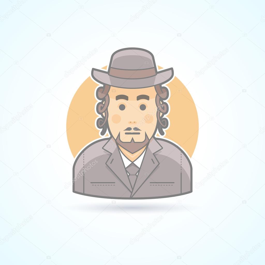 Native, orthodox Jewish man icon. Avatar and person illustration. Flat colored outlined style.