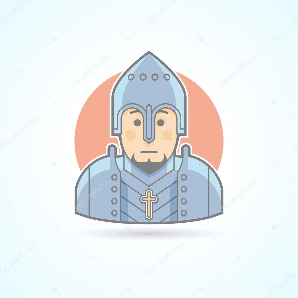 Knight in armor, middle age warrior icon. Avatar and person illustration. Flat colored outlined style.