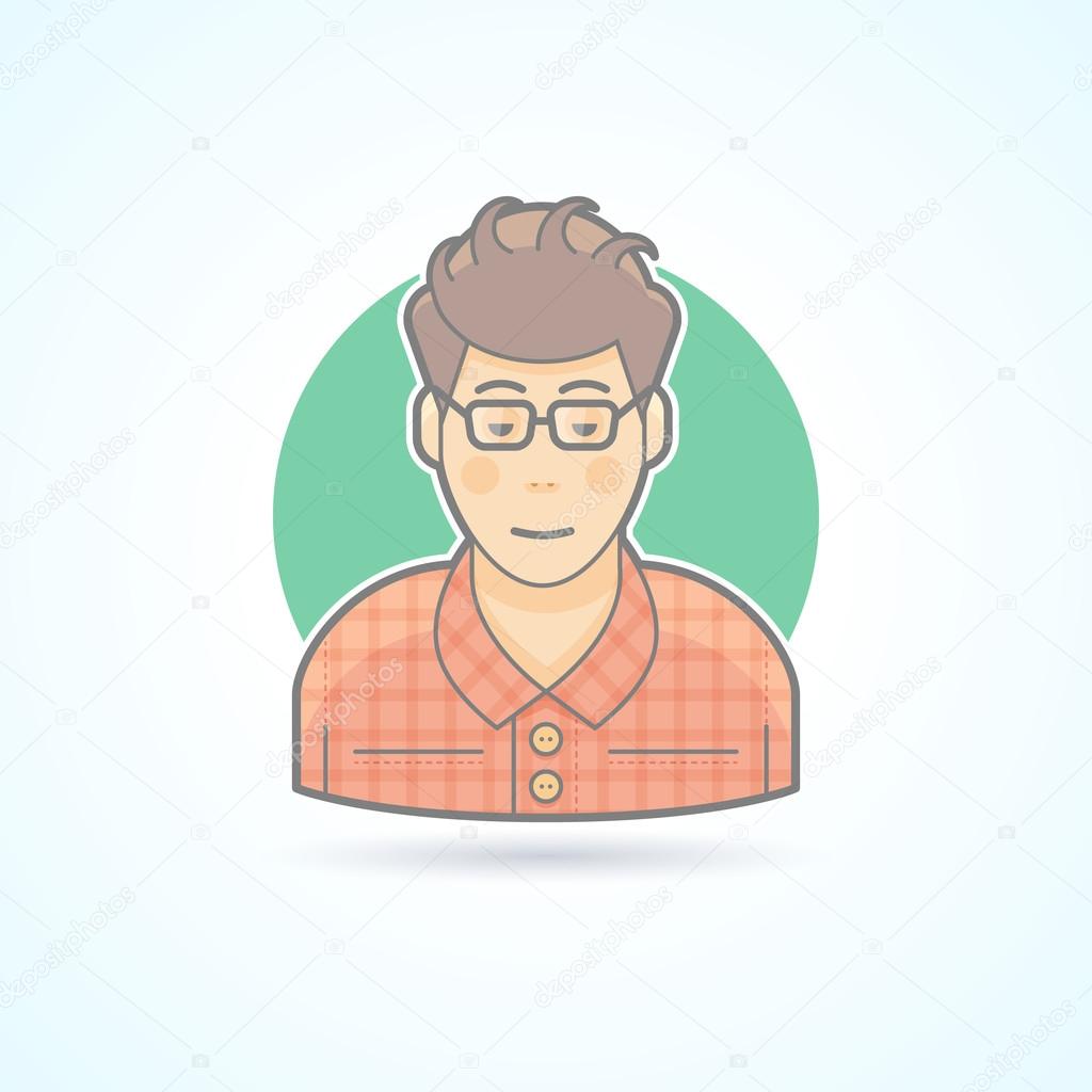 Nerd, student, hipster, smart guy icon. Avatar and person illustration. Flat colored outlined style.
