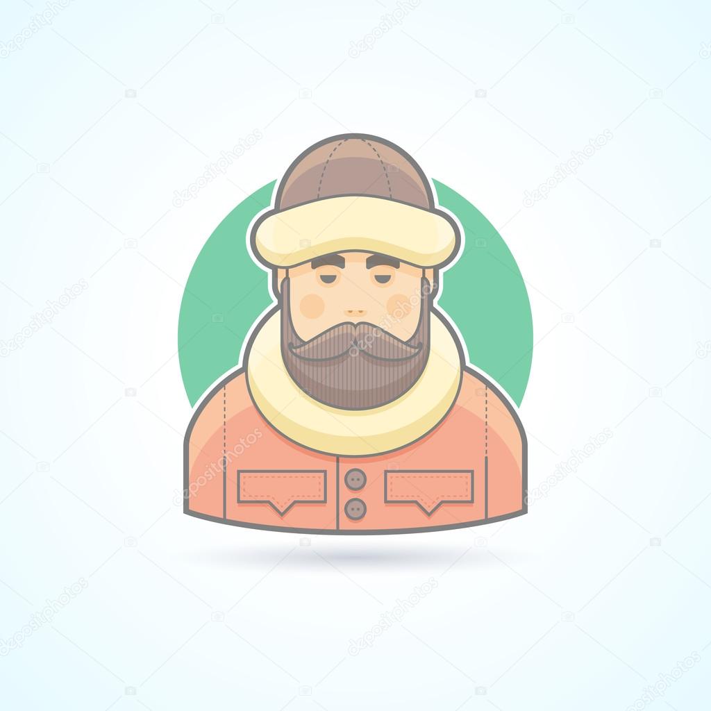 Warm dressed man, polar explorer icon. Avatar and person illustration. Flat colored outlined style.