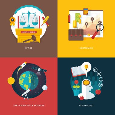 Sivil çalışma, ekonomi, yer ve uzay bilimleri, psikoloji için düz tasarım illüstrasyon kavramları Vektör seti . Eğitim ve bilgi fikirleri. Web banner ve promosyon malzemesi için kavramlar.