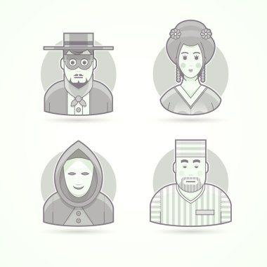 Anonymous, mask man, geisha, prisoner. Set of character, avatar and person vector illustrations. Flat black and white outlined style. clipart