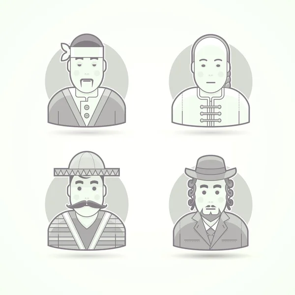 Japon aşçı, Asya şefi, Meksika vatandaşı, Yahudi ortodoks adam. Karakter, avatar ve kişi vektör çizimleri kümesi. Düz siyah ve beyaz ana hatlarıyla stil. — Stok Vektör