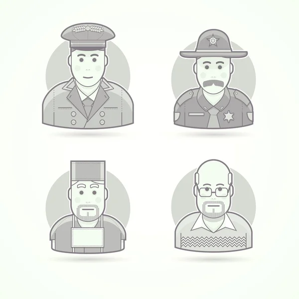 Hotel doorman, texas policeman, medical surgeon, school teacher. Set of character, avatar and person vector illustrations. Flat black and white outlined style. — Stock Vector