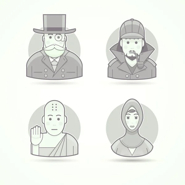 Bankir, money bag, detective Sherlock Holmes, Buddhistic monk, Islamic woman. Set of character, avatar and person vector illustrations. Flat black and white outlined style. — Stockvector