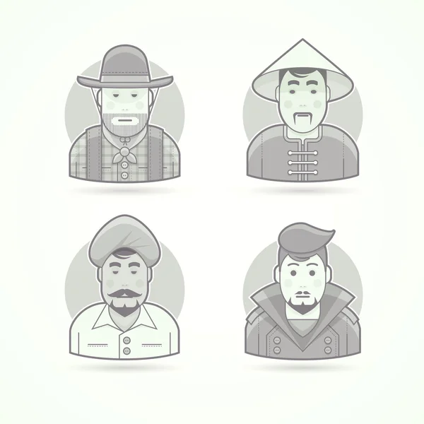 Amerikaanse cowboy, Aziatische villageman, Indiase man, stijlvolle kerel. Set van karakter, avatar en persoon Vector illustraties. Platte zwart-wit omlijnde stijl. — Stockvector